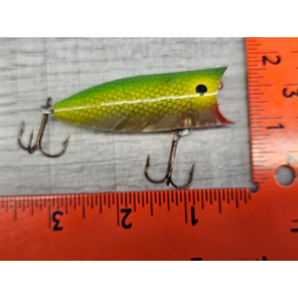Vintage Heddon Baby Lucky 13 Spook Fishing Lure Green Perch Scale Clear Body